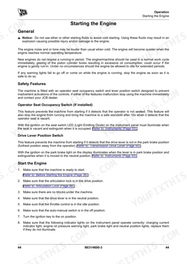 JCB JCB116, JCB116D, JCB116DD engine starting procedure, safety switches, and operation instructions.