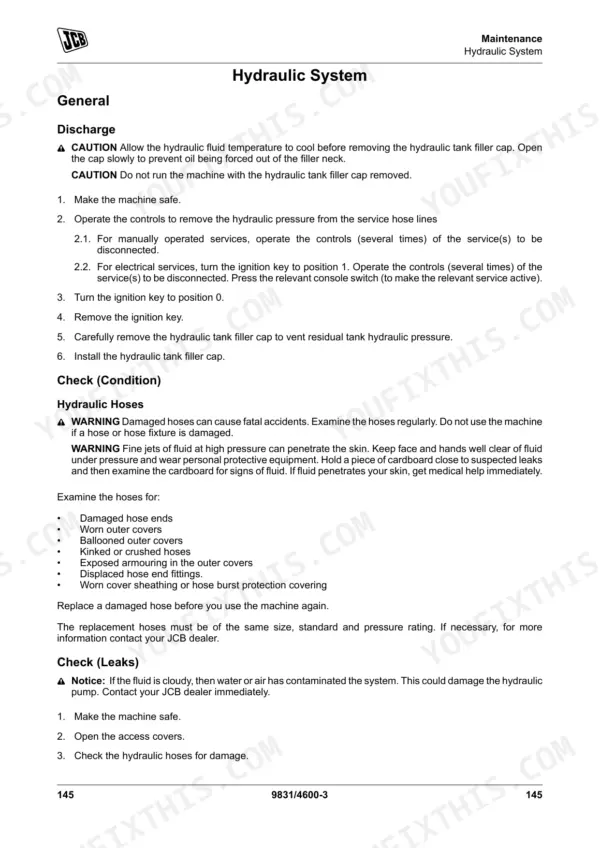 JCB JCB116, JCB116D, JCB116DD hydraulic system maintenance procedures for fluid discharge, hose inspection, and leak checks.