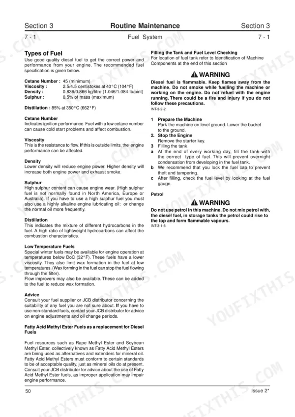 JCB JS 210 LC, JS200 - 260 routine maintenance manual page covering fuel system specifications and refueling procedures.