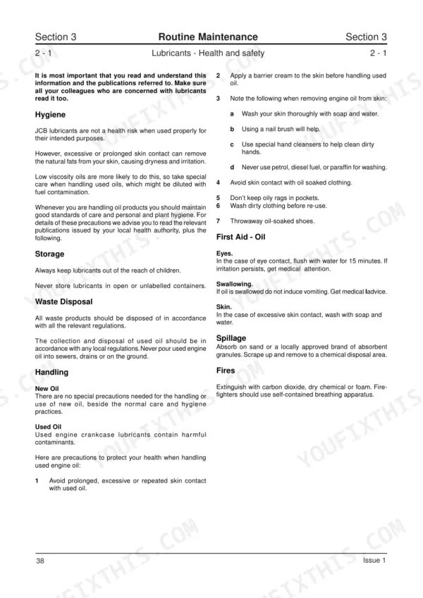 JCB JS 210 LC, JS200 - 260 routine maintenance manual page covering lubricant health, safety, and first aid procedures.