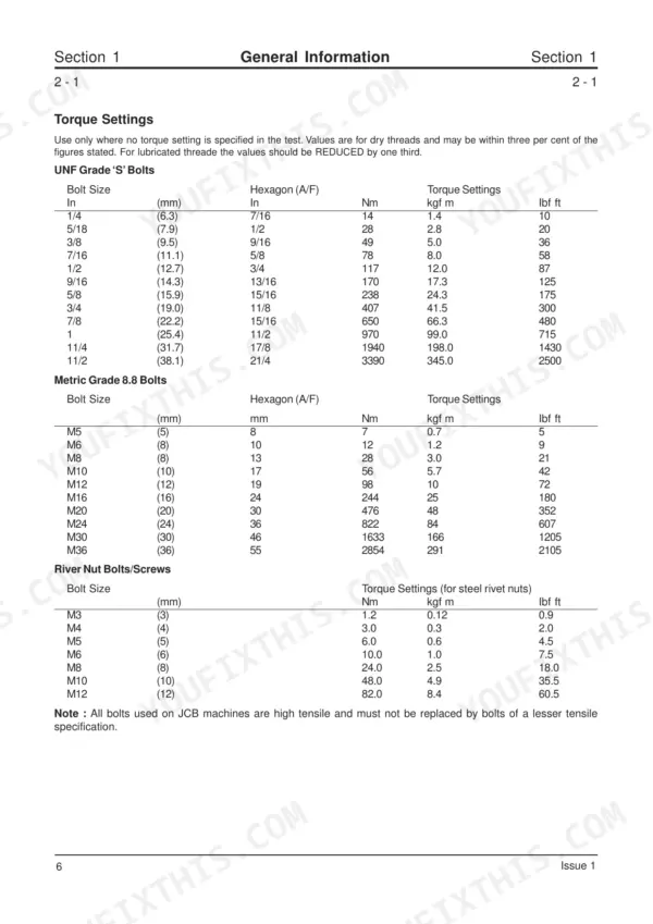 JCB JS 210 LC, JS200 - 260 torque settings table for UNF Grade S, Metric Grade 8.8 bolts, and rivet nut bolts/screws.