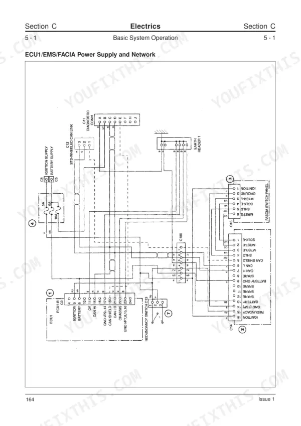 JCB JS 210 LC, JS200 - 260 wiring diagram for ECU1, EMS, and Fascia power supply and network connections.