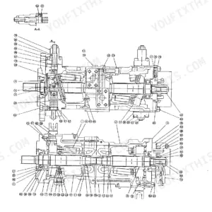 JCB JS110, JS130, JS150LC hydraulic pump exploded view diagram showing internal components and section A-A detail.