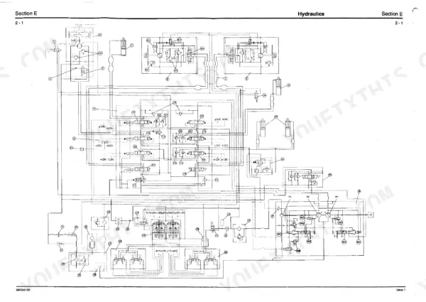 JCB JS110, JS130, JS150LC hydraulic system schematic diagram showing pumps, control valves, and cylinder circuits.