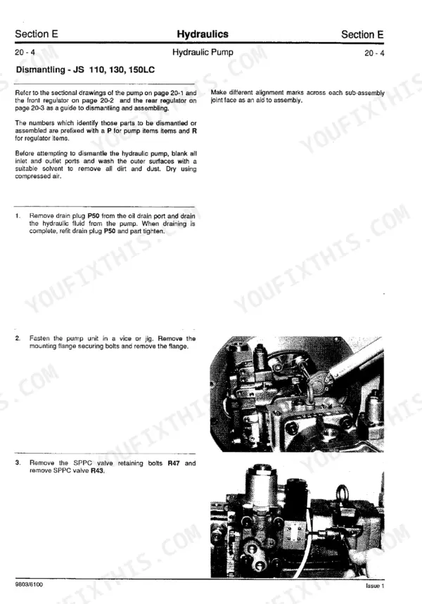 JCB JS110, JS130, JS150LC hydraulic pump dismantling procedure with photos of SPPC valve removal and flange bolts.