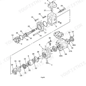 JCB JS115, JS130, JS130LC, JS145, JS160, JS180, JS115 - JS180 exploded view diagram of hydraulic pump and regulator.
