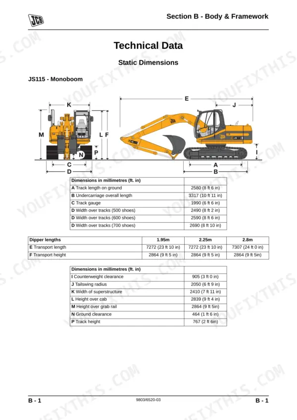 JCB JS115, JS130, JS130LC, JS145, JS160, JS180, JS115 - JS180 static dimensions diagram and technical data tables.