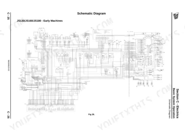 JCB JS115, JS130, JS130LC, JS145, JS160, JS180, JS115 - JS180 electrical schematic diagram for early machine models.