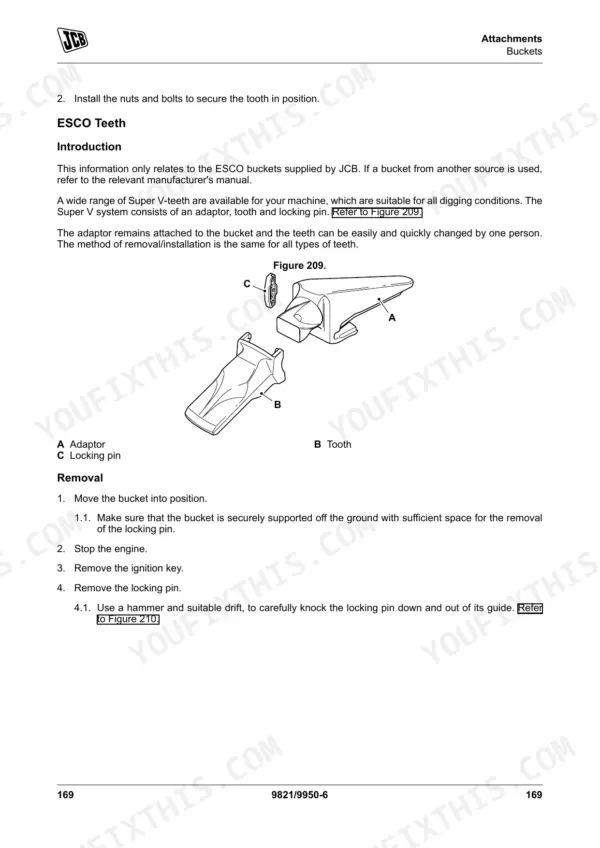 JCB JS115-JS235 ESCO bucket tooth removal procedure and diagram showing adaptor, tooth, and locking pin components.