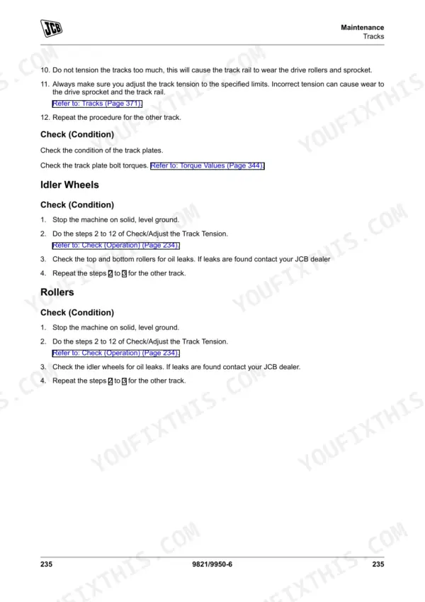 JCB JS115-JS235 maintenance manual: track, idler wheel, and roller inspection procedures and condition checks.