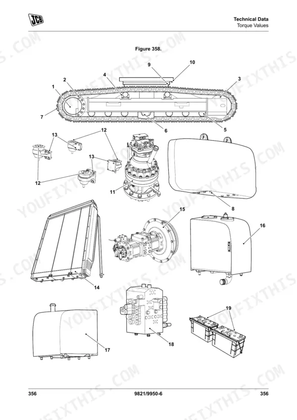JCB JS115, JS130, JS145, JS160, JS180, JS190, JS200, JS210, JS220, JS235 exploded view of track frame, motor, and components.