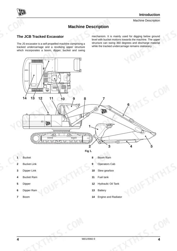 JCB JS115-JS330 tracked excavator machine description diagram with numbered component identification list.