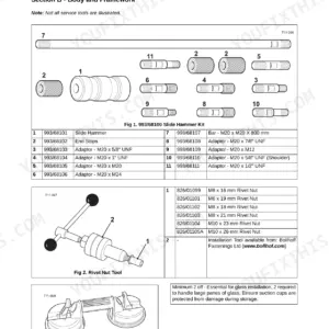 JCB JS115-JS360 service manual: Slide hammer kit, rivet nut tool, and glass lifter tool detail reference diagrams.