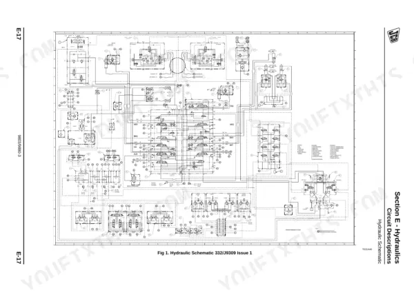 JCB JS115-JS360 hydraulic schematic diagram 332/J9309 showing main control valve, solenoid circuits, and pump connections.
