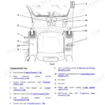 JCB JS120 cab layout diagram showing operator seat, joysticks, track pedals, and console controls with numbered component key.