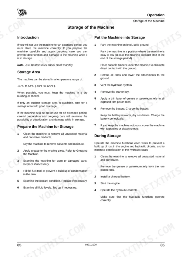 JCB JS120 operator manual page detailing machine storage procedures, preparation, and maintenance during storage.