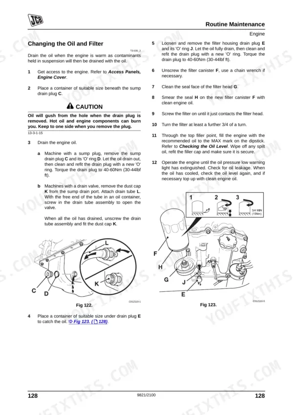 JCB JS120 engine oil and filter change procedure with diagrams for sump drain plug and filter installation.