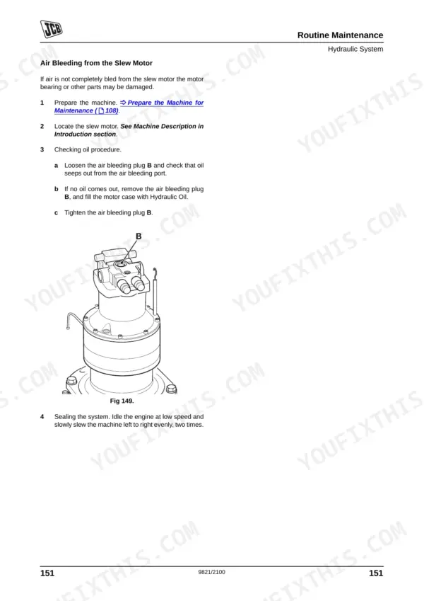 JCB JS120 hydraulic system maintenance procedure for air bleeding the slew motor, including diagram of plug B.