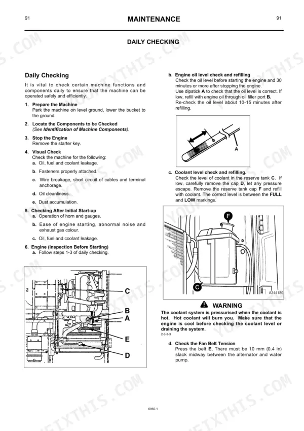 JCB JS130-JS460 maintenance manual page showing daily checking procedures for engine oil, coolant levels, and fan belt.