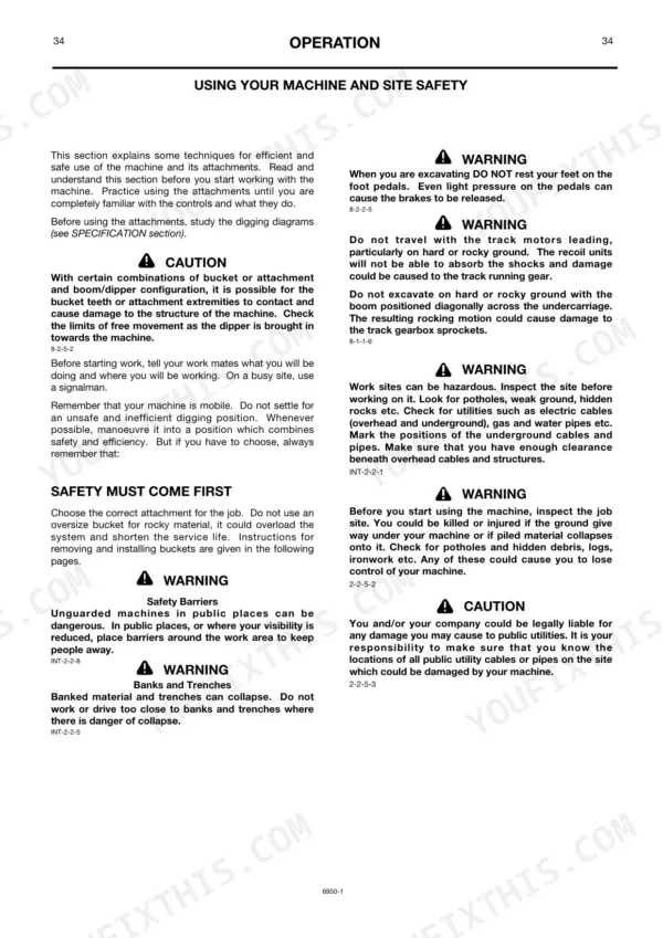 JCB JS130-JS460 operator manual page covering machine operation safety, site hazards, and excavation warnings.