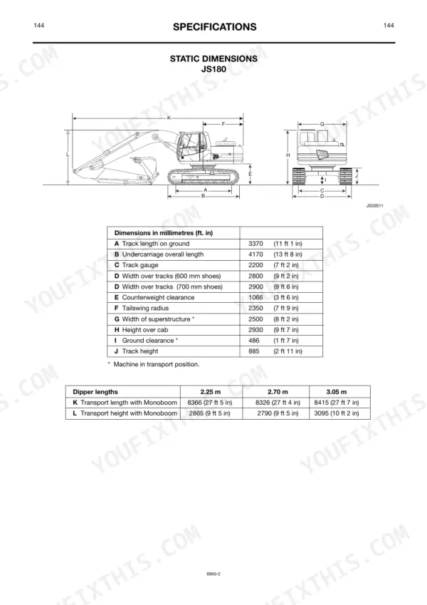 JCB JS130-JS460 static dimensions diagram and specification tables for JS180 track length, width, height, and dipper lengths.