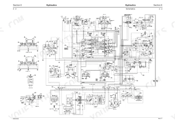 JCB JS130W, JS150W hydraulic system schematic diagram showing boom, arm, bucket cylinders, and steering control unit.