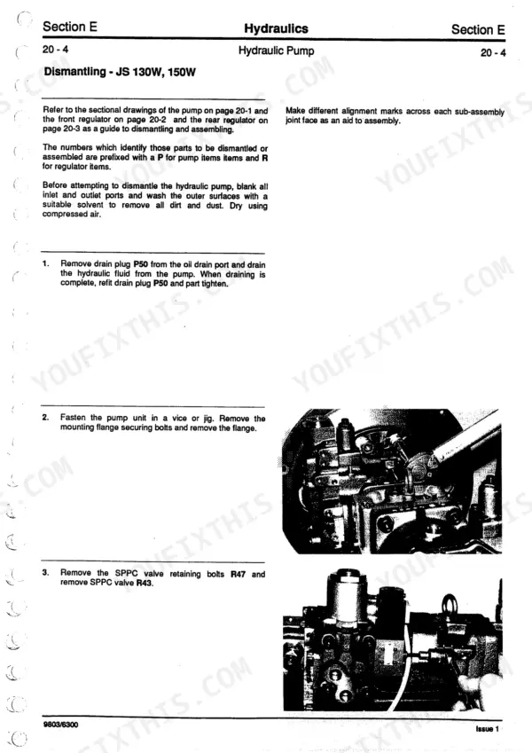JCB JS130W, JS150W hydraulic pump dismantling procedure, including SPPC valve removal steps and component photos.