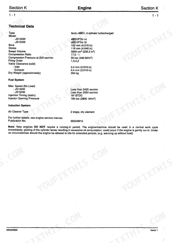 JCB JS130W, JS150W engine technical data table including Isuzu 4BD1 specifications, fuel system, and induction system.
