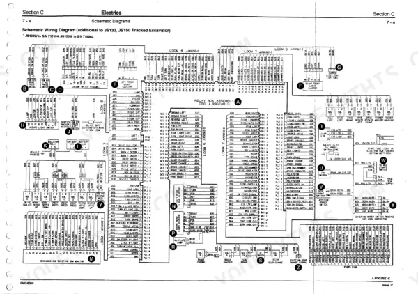 JCB JS130W, JS150W electrical schematic wiring diagram showing relay box assembly, light clusters, and fuse box connections.