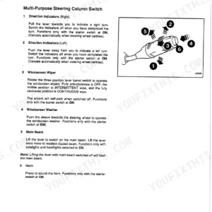 JCB JS130W, JS150W operator manual page showing multi-purpose steering column switch controls and operation diagram.