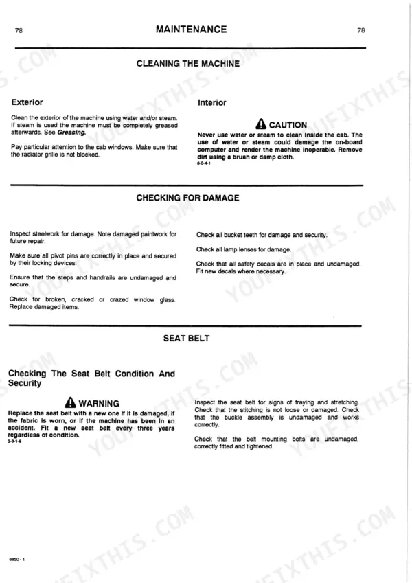 JCB JS130W, JS150W maintenance manual page for cleaning, damage inspection, and seat belt safety procedures.