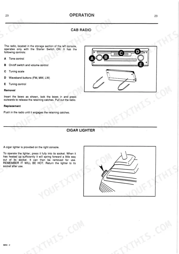 JCB JS130W, JS150W operator manual page showing cab radio controls, removal procedure, and cigar lighter operation.