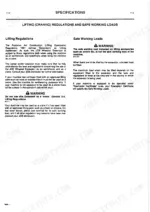 JCB JS130W, JS150W specifications page covering lifting regulations and safe working load warnings for crane operations.