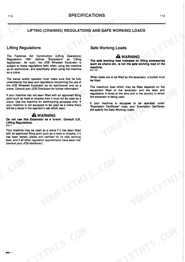 JCB JS130W, JS150W specifications page covering lifting regulations and safe working load warnings for crane operations.