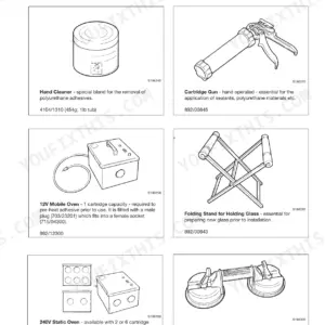 JCB JS130W, JS145W, JS160W, JS175W service tools manual showing hand cleaner, cartridge gun, ovens, and glass lifters.