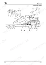 jcb-js130w-to-js200w-wheeled-excavators-operator-manual-9811-6750-maintenance-141.webp JCB JS130W, JS145W, JS160W, JS175W, JS200W diagram showing machine tie-down points for transport on a trailer.