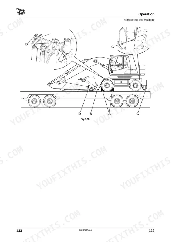 JCB JS130W, JS145W, JS160W, JS175W, JS200W diagram showing machine tie-down points for transport on a trailer.