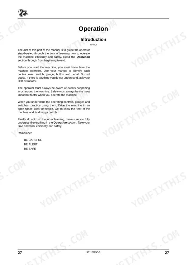 JCB JS130W, JS145W, JS160W, JS175W, JS200W operation manual introduction page with safety and control guidelines.