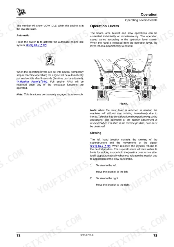 JCB JS130W, JS145W, JS160W, JS175W, JS200W operation manual page showing automatic engine idle and slewing controls.