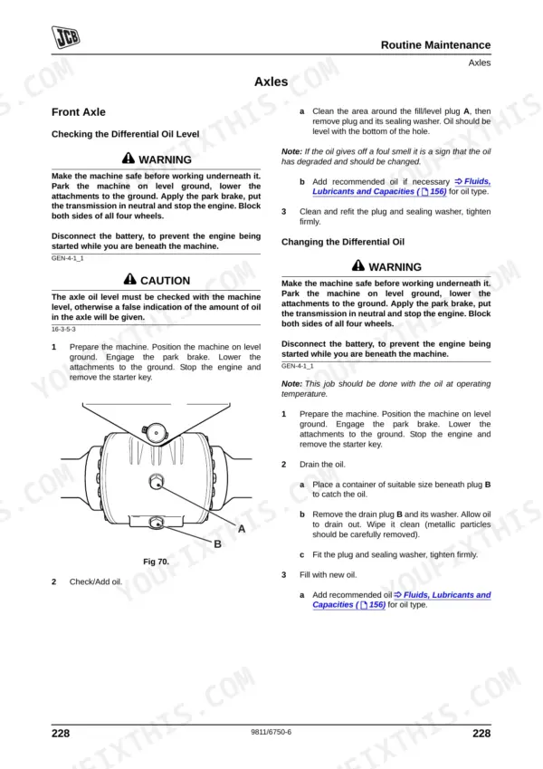 JCB JS130W, JS145W, JS160W, JS175W, JS200W axle maintenance procedures for checking and changing differential oil.