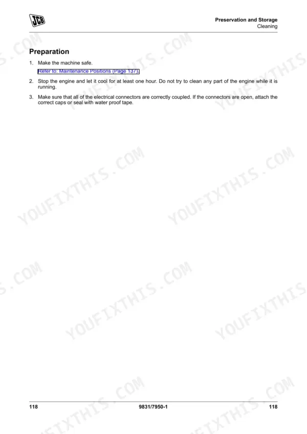 JCB JS140, JS205, JS215 service manual page showing preparation steps for machine cleaning and storage.