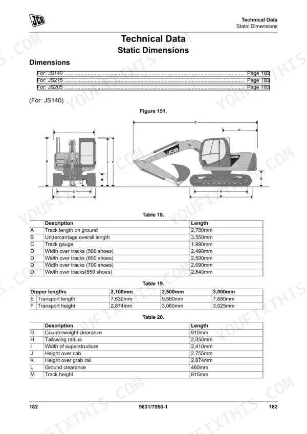 JCB JS140, JS205, JS215 static dimensions diagram and technical data tables for undercarriage and transport specs.