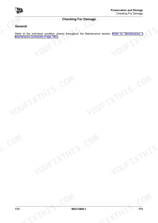 JCB JS145W, JS160W service manual page for checking for damage during preservation and storage procedures.