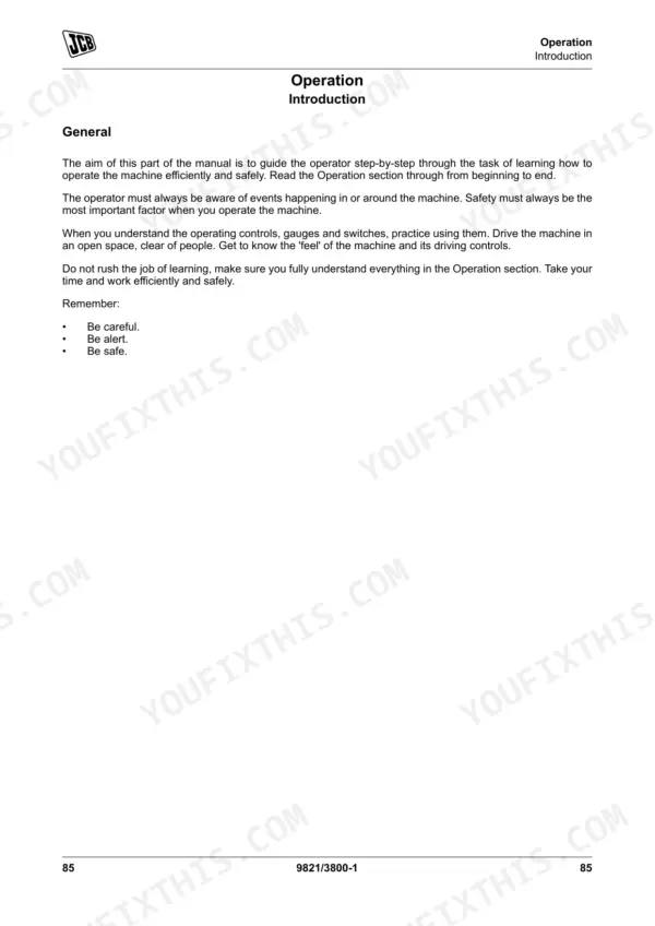 JCB JS145W, JS160W operator manual page 85, Operation Introduction section covering general safety and machine controls.