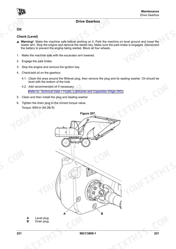 JCB JS145W, JS160W drive gearbox oil level and drain plug maintenance procedure and location diagram.