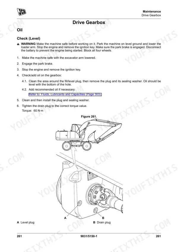 JCB JS145W, JS160W, JS20 MH, JS145W [T4F], JS160W [T4F] drive gearbox oil level check and drain plug location diagram.