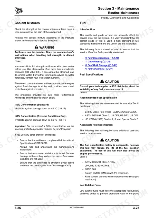 JCB JS160, JS180, JS190, 4HK, 6HK, 4JJ maintenance manual page covering coolant mixture ratios and fuel specifications.