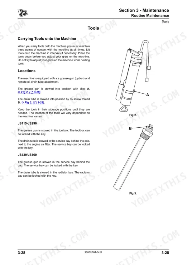 JCB JS160, JS180, JS190, 4HK, 6HK, 4JJ maintenance manual showing grease gun and oil-drain tube stowage locations.