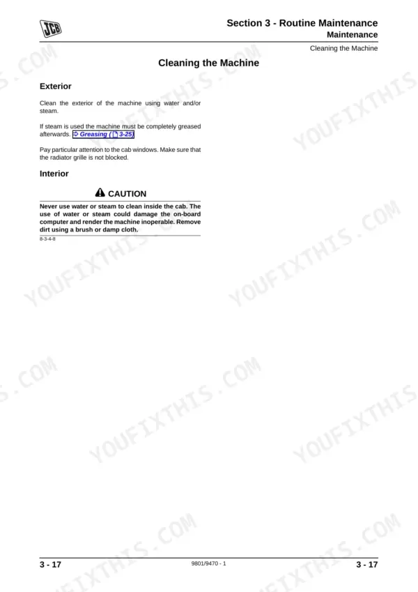 JCB JS175W Auto, JS175W, JS175 Wheeled routine maintenance manual page for cleaning the machine exterior and interior.