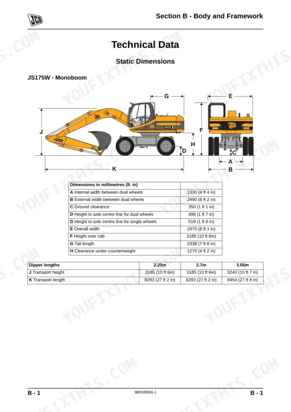 JCB JS175W Auto, JS175W, JS175 Wheeled static dimensions diagram and technical data table for monoboom configuration.